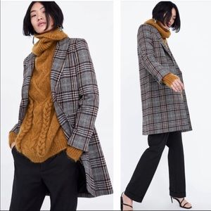 Zara Gray Plaid Long Coat with Black and Brown Accents